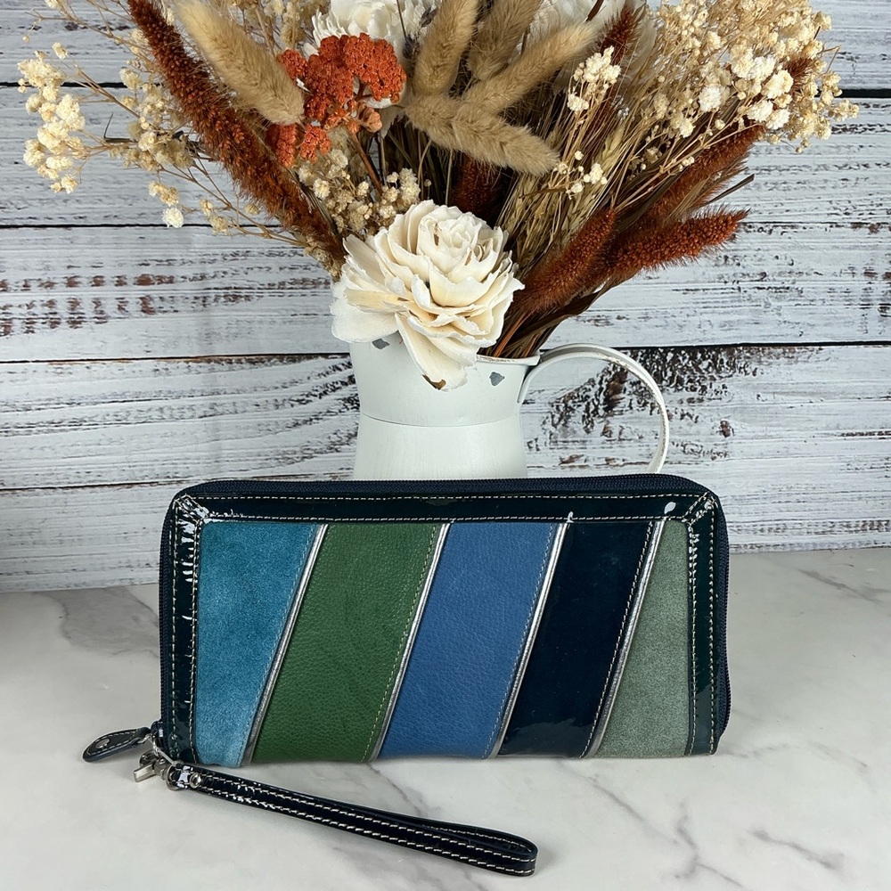 Fossil Diag Blue and Green Suede Striped Travel Long Large‎ Wallet